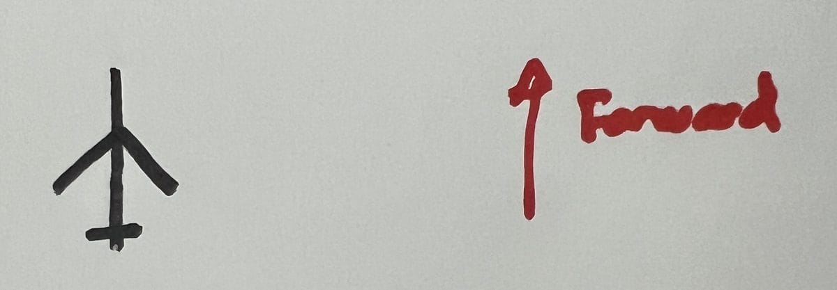 Hand-drawn swept-wing aircraft glyph with forward direction arrow