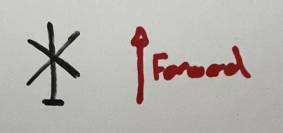 Hand-drawn X-rotor helicopter glyph with forward direction arrow