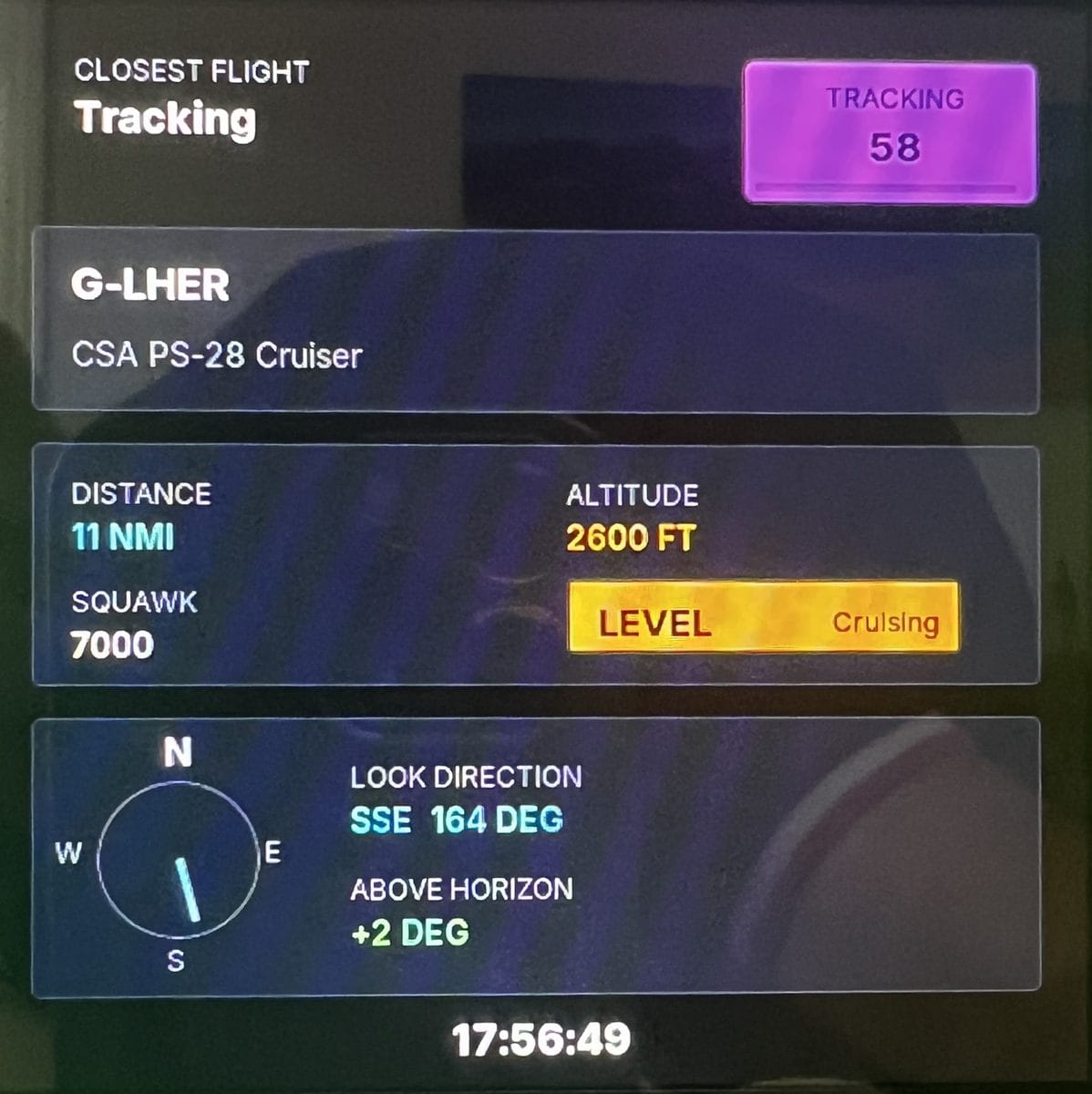 Closest aircraft tracking display showing G-LHER telemetry